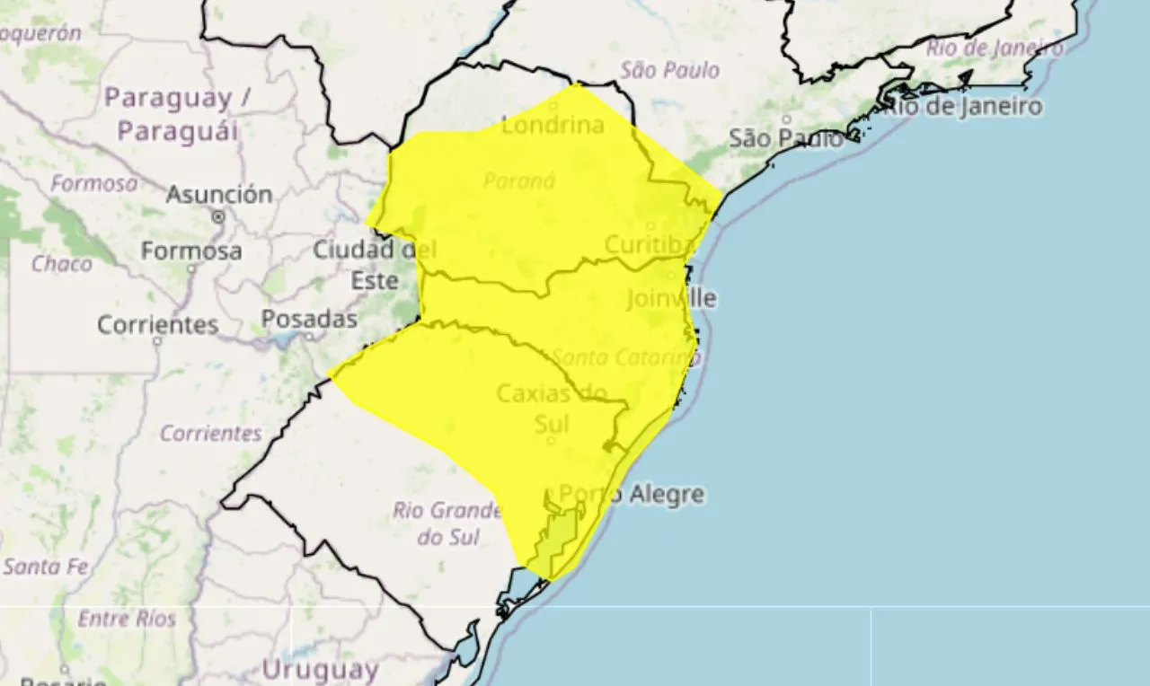 O mapa mostra as &aacute;reas em alerta para chuva intensa e ventos fortes